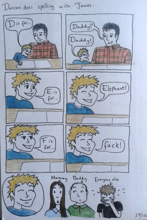 Duncan does spelling with James
