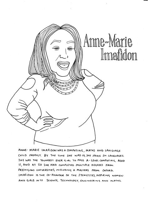 Anne Marie Imafidon. She is looking to the viewer, smiling with her mouth open, with her hands on her hips. She is wearing a long-sleeved top with holes at the shoulders, and a necklace with mulitiple strands of beads. The text included in the image is included in the body of the post.