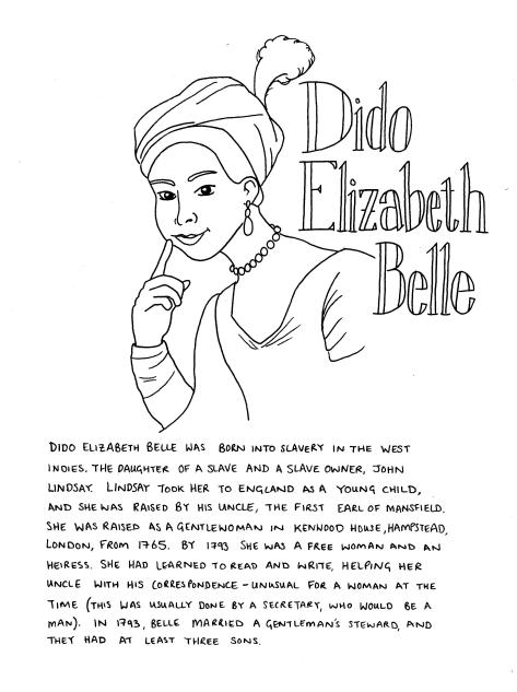 Dido Elizabeth Belle - line drawing of a woman in a feathered head scarf. She looks to the veiwer, pointing to her face with one finger. She is wearing a string of pearls, a dress and shawl. The text included in the image is included in the body of the post..