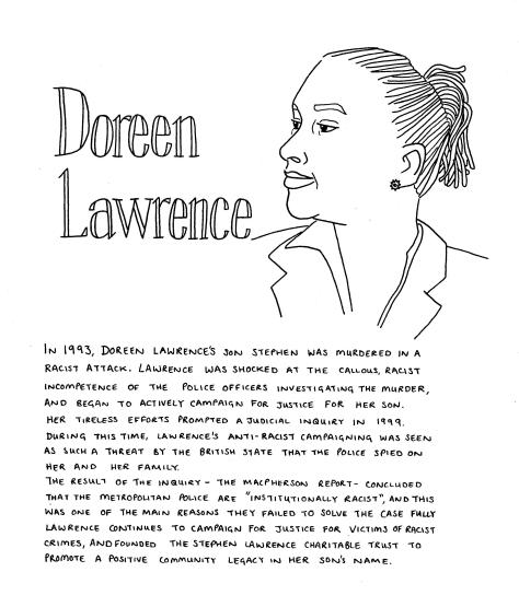 Line drawing Doreen Lawrence - a woman with thin dreadlocks looks to the left of the page. She is wearing a small stud earring in the shape of a star, and a shirt and blazer.