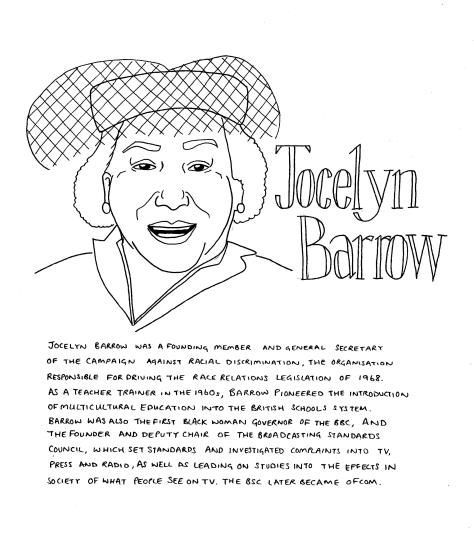 Line drawing of Jocelyn Barrow - she is looking forward and smiling with her mouth open. She is wearing a hat with a veil that covers her hair and forehead, and earrings. The text in the image is included in the body of the post.