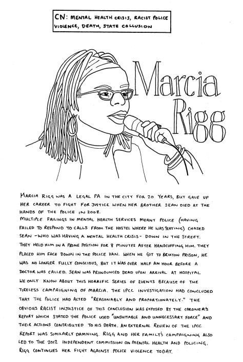 Line drawing of Marcia Rigg: she has dreadlocks and is wearing glasses and hoop earrings. She is speaking into a microphone. The text in the image is included in the body of this post.