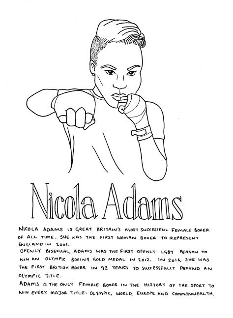 Line drawing of Nicola Adams - she is looking at the viewer face-on, with one fist to her face and the other punching forwards. She has short hair, shaved at the sides and curling over to the right on top. The text included in the image is in the body of the post. 