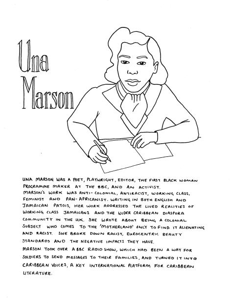 Line drawing of Una Marson. She is sat at a desk writing, her eyes to the viewer. She is wearing a blazer, shirt and neckscarf, and her hair is in a 1950s style. The text in the image is in the body of the post.