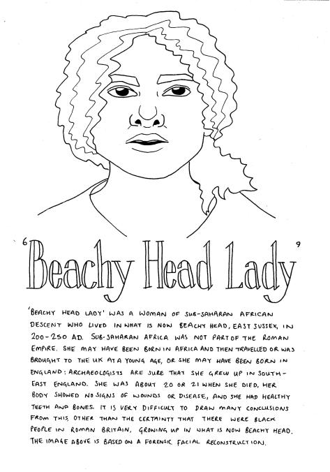 Line drawing of 'Beachy Head Lady' - a forensic reconstruction of the face of remains from 200-250AD - she has long curly hair, is looking forward with her mouth slightly open.