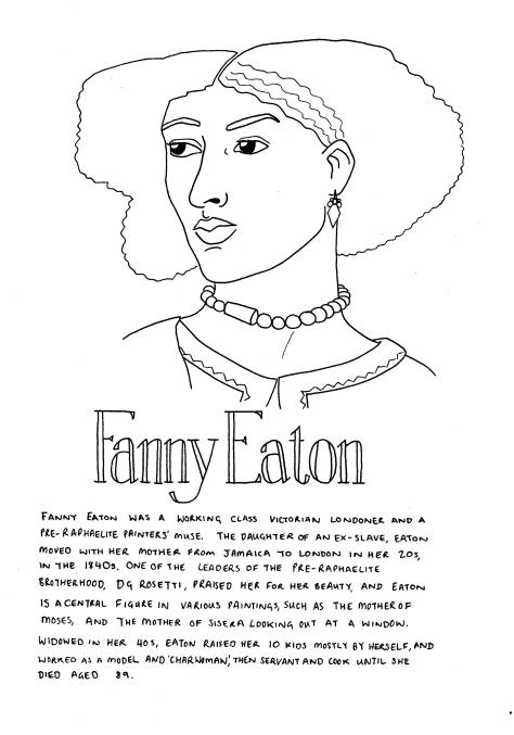 Line drawing of Fanny Eaton - she looks off to the left hand side of the page. Her hair is a wavy afro, she weats earrings and a jewelled necklace, and a tunic. The text in the image is in the body of the post.