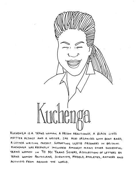 Line drawing of Kuchenga - she has braids, has her eyes closed as she is laughing, she is wearing a shirt and triangular earrings. The text in the image is included in the body of the post.