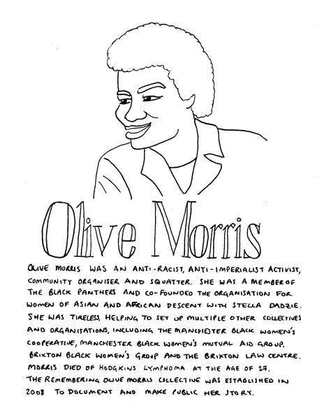 Line drawing of Olive Morris. She looks to the left of the page, smiling. She is wearing a t-shirt and jacket. The text in the image is in the body of the post.