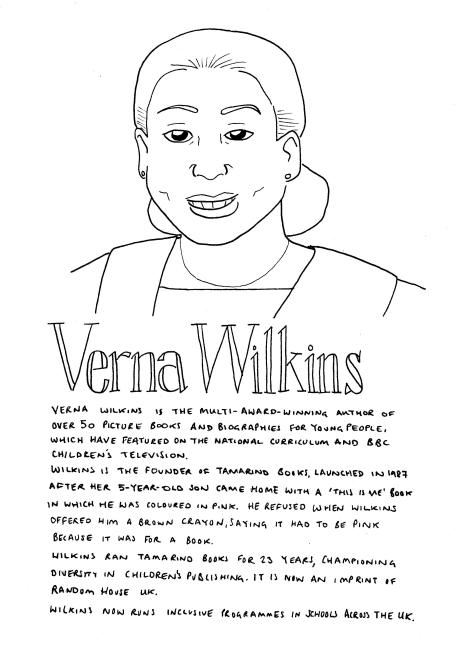Line drawing of Verna Wilkins. She is looking to the front. Her hair is tied back in a bun at the base of her neck. She is smiling and you can see her teeth. She is wearing a top, necklace and blazer.