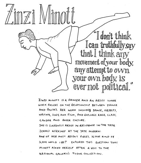 Line drawing of Zinzi Minott. She is standing on one leg, leaning right forward with her other leg stretched out behind her. Her hair is up, she is wearing shorts and a cardigan and earrings. The quote reads: "I don't think I can truthfully say that I think any movement of your body, any attempt to own your own body, is ever not political." The rest of the text in the image is in the body of the post.