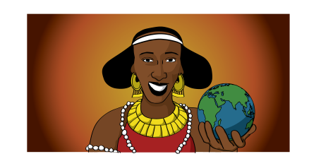 Illustration of Naomi Hirsi as a Somali queen holding a globe: she is a black woman, has a white headband, gold decorative hoop earrings, a gold top part to a red dress, and white beads around her body and the top of her arm. She is holding the globe in her left hand.