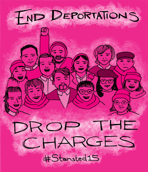 Illustration - 15 black line outlines of people on a hot pink background. Text reads, "End deportations, drop the charges #Stansted15"