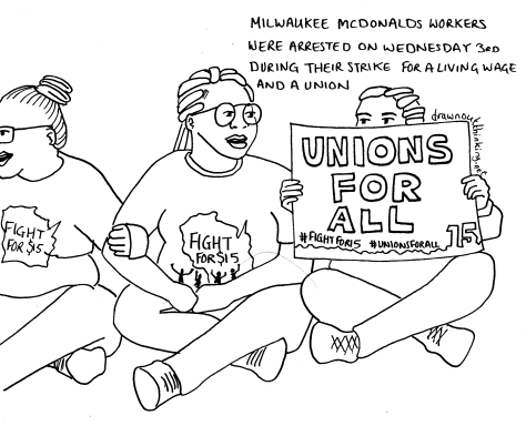 Line drawing of three people sat with linked arms in a road. They wear Fight for 15 t-shirts, one is holding a placard that reads, Unions For All #FightFor15 #UnionsForAll